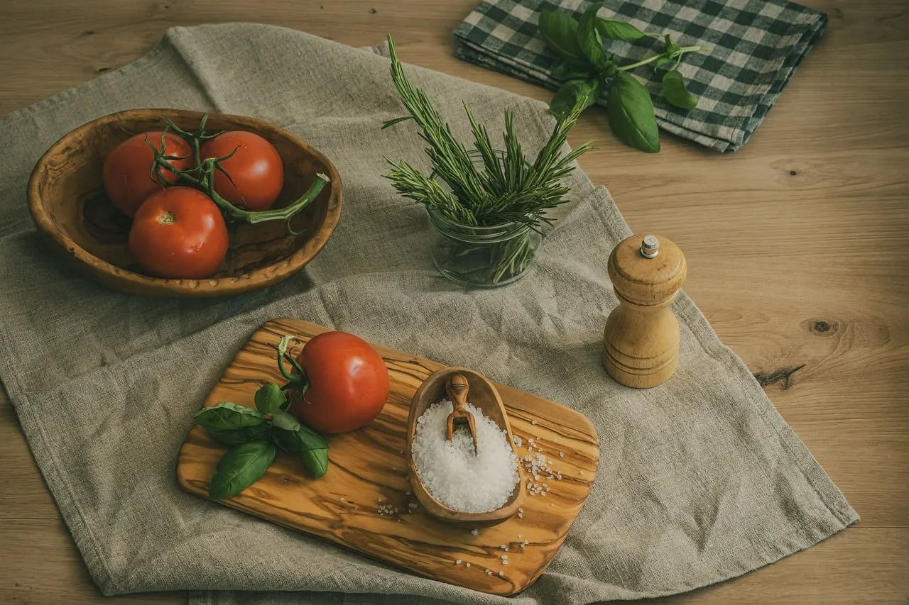Talenan kayu dengan tomat dan rempah
